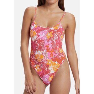 Roxy Juniors Sz S Swimsuit Sea Spray Hibiscus Printed One Piece Pink Red NWT New